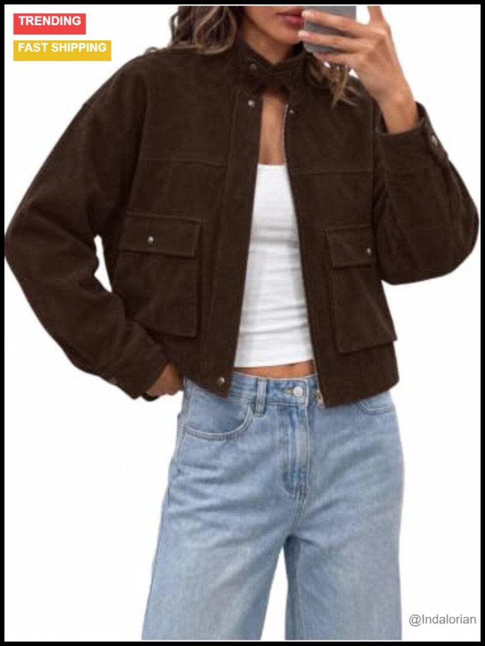 Faux Suede Bomber Jacket Button Zip Funnel Neck Cropped Fall Coat